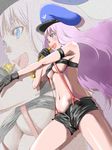  bandeau blue_eyes breasts gloves hat long_hair macross macross_frontier medium_breasts microphone music navel outstretched_arm outstretched_hand peaked_cap purple_hair reaching sheryl_nome short_shorts shorts singing solo star_seven strapless suspenders tubetop underboob very_long_hair zoom_layer 