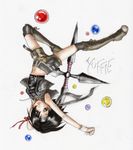  absurdres black_hair boots brown_eyes final_fantasy final_fantasy_vii final_fantasy_vii_advent_children headband highres jumping kasasagi_nue materia midriff ribbon short_hair shorts shouting shuriken solo throwing upside-down vest yuffie_kisaragi 