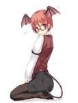  alternate_hair_length alternate_hairstyle armband bat_wings bespectacled black_legwear buckle demon_tail dress_shirt feet glasses head_wings koa_(phrase) koakuma nabeshima_tetsuhiro pantyhose red_eyes red_hair seiza shirt short_hair sitting solo tail touhou vest wings 