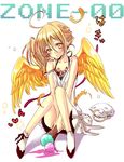  1boy benio blonde_hair crossdress crossdressing food full_body ice_cream male_focus shota sitting solo trap wings yellow_eyes zone-00 