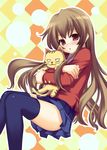  aisaka_taiga bad_id bad_pixiv_id brown_eyes brown_hair hug hug_from_behind long_hair palmtop_tiger school_uniform solo stuffed_animal stuffed_tiger stuffed_toy thighhighs tiger toradora! uni_keitai 