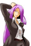  casual fate/stay_night fate_(series) formal fue_(rhomphair) glasses long_hair lowres one_eye_closed pant_suit purple_eyes purple_hair rider solo suit very_long_hair 