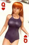  3d breasts brown_eyes card card_(medium) dead_or_alive kasumi_(doa) large_breasts long_hair one-piece_swimsuit playing_card red_hair school_swimsuit solo swimsuit 