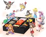  &gt;_&lt; 6+girls alice_margatroid bat_wings black_hair black_wings blonde_hair bow braid brown_hair camera chibi chopsticks closed_eyes crustacean detached_sleeves fish food gap gourd hairband hakurei_reimu hanjuku_tomato hat ibuki_suika in_food izayoi_sakuya japanese_clothes kirisame_marisa konpaku_youmu long_hair maid minigirl multiple_girls musical_note new_year osechi patchouli_knowledge pink_hair purple_eyes purple_hair red_eyes remilia_scarlet ribbon saigyouji_yuyuko shameimaru_aya short_hair shrimp silver_hair sweatdrop tokin_hat touhou twin_braids wings witch_hat yakumo_yukari yellow_eyes 