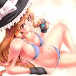  bikini blonde_hair braid fingerless_gloves gloves hat kirisame_marisa long_hair lying nagare on_side red_eyes solo swimsuit touhou witch_hat 