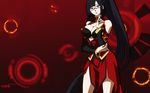  bare_shoulders black_bra black_hair blazblue bra breasts china_dress chinese_clothes cleavage cleavage_cutout dress glasses highres large_breasts lingerie litchi_faye_ling long_hair ponytail purple_eyes solo underwear wallpaper 
