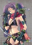  ahoge arrow belt bikini bow_(weapon) breasts eyebrows_visible_through_hair front-tie_bikini front-tie_top garter_straps gloves green_eyes hair_between_eyes holding holding_bow_(weapon) holding_weapon kichiroku large_breasts long_hair looking_at_viewer mouth_hold navel original purple_hair quiver scarf sideboob solo swimsuit thighhighs twintails underboob weapon 