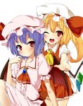  bat_wings blonde_hair blue_hair flandre_scarlet hands hat index_finger_raised looking_at_viewer mamedenkyuu_(berun) multiple_girls one_eye_closed open_mouth ponytail red_eyes remilia_scarlet short_hair siblings side_ponytail sisters smile touhou wings 