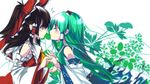  blush bow brown_hair closed_eyes detached_sleeves eskimofox frog green_hair hair_ornament hakurei_reimu holding_hands imminent_kiss japanese_clothes kochiya_sanae long_hair multiple_girls red_eyes ribbon snake touhou yuri 