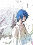  angel_wings blue_eyes blue_hair feathers himitsu_~kuro_no_chikai~_(vocaloid) izuxco kaito male_focus simple_background solo vocaloid wings 