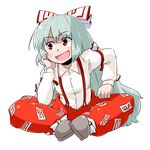  :d aono3 bow fujiwara_no_mokou full_body green_hair hair_bow highres long_hair open_mouth red_eyes sitting smile solo touhou transparent_background 