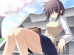  arm_support bag breasts copyright_request dress_shirt medium_breasts ninozen panties pleated_skirt purple_eyes purple_hair reclining school_uniform shirt short_hair sitting sitting_on_stairs skirt solo stairs tree underwear 