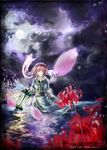  absurdres antiquewhite bow cloud flower full_moon ghost hair_bow highres holding lamp long_sleeves moon night night_sky no_hat no_headwear obi petals pink_eyes pink_hair saigyouji_yuyuko sash short_hair sky solo spider_lily touhou water wide_sleeves wind 