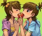  apple brown_hair eating face flipped_hair food fruit futami_ami futami_mami goe hair_bobbles hair_ornament holding holding_food holding_fruit hood hood_down idolmaster idolmaster_(classic) multiple_girls open_mouth shared_food sharing short_hair siblings side_ponytail simple_background sisters twins 