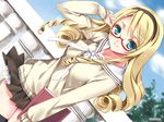  alice_(pairon) argyle argyle_sweater blonde_hair book dutch_angle glasses hairband kamiya_maneki long_hair looking_at_viewer miniskirt momoiro_taisen_pairon pleated_skirt red-framed_eyewear ringlets school_uniform semi-rimless_eyewear serafuku skirt smile solo sweater thighhighs under-rim_eyewear wallpaper watermark 