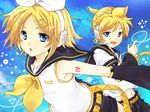  1girl aqua_eyes bad_id bad_pixiv_id blonde_hair brother_and_sister hair_ornament hair_ribbon hairclip kagamine_len kagamine_rin ragu ribbon short_hair siblings smile twins vocaloid 