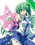  armpits bare_shoulders blue_skirt breasts detached_sleeves eyebrows_visible_through_hair frilled_skirt frills frog_hair_ornament green_eyes green_hair hair_ornament hair_tubes kochiya_sanae large_breasts long_hair one_eye_closed open_mouth pointing pointing_at_viewer polka_dot_skirt sen_(astronomy) shirt skirt snake_hair_ornament solo star teeth thighs touhou white_sleeves 
