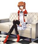  blue_eyes brown_hair casual checkered couch hair_ribbon neon_genesis_evangelion ribbon sitting smile solo souryuu_asuka_langley thighhighs u-1 wrist_cuffs 