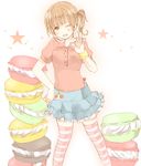  food macaron one_eye_closed open_mouth original pastry side_ponytail skirt solo star striped striped_legwear thighhighs yoshioka_mitsuko zettai_ryouiki 