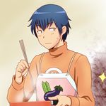  apron blue_hair chopsticks chunpai cooking eggplant male_focus solo sweat takasu_ryuuji toradora! 