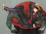  bad_id bad_pixiv_id cape hat kaguyuzu looking_at_viewer male_focus monkey_d_luffy necktie one_piece one_piece:_strong_world papasan_chair sandals scar signature simple_background sitting solo straw_hat 