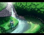  aqua_hair backpack bag closed_eyes cucumber hair_bobbles hair_ornament hat kawashiro_nitori letterboxed mikan_(ama_no_hakoniwa) nature scenery sitting soaking_feet solo stream touhou two_side_up wallpaper water waterfall 