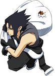  bare_shoulders full_body gloves koujikoujikouji male_focus naruto naruto_(series) naruto_shippuuden sack sidelocks simple_background solo_focus squatting tank_top tobi uchiha_sasuke white_background 