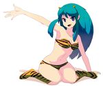  animal_print armpits bad_id bad_pixiv_id bikini blue_hair fang highres kneeling long_hair lum purple_eyes solo swimsuit tiger_print tomioka_jirou urusei_yatsura waving 