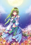  adjusting_hair bug butterfly cloud detached_sleeves flower frog full_moon green_eyes green_hair hair_ornament insect japanese_clothes kochiya_sanae long_hair moon sky snake solo touhou warlock214 wind 