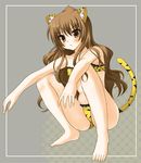  aisaka_taiga animal_ears animal_print barefoot bikini brown_eyes brown_hair feet hands long_hair odayan solo squatting swimsuit tail tiger_ears tiger_print tiger_tail toradora! 