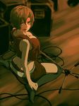  breasts brown_eyes brown_hair butt_crack cleavage downblouse downpants highres kneehighs large_breasts lipstick looking_back makeup meiko microphone_stand mrbr short_hair sitting skirt socks solo thighhighs vocaloid wariza 