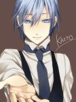  bad_id bad_pixiv_id blue_eyes blue_hair foreshortening formal hands kaito macco male_focus necktie simple_background smile solo vocaloid 