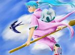  artist_request bird blue_hair botan_(yuu_yuu_hakusho) flying japanese_clothes kimono oar object_riding pink_kimono ponytail sidesaddle solo yuu_yuu_hakusho 