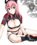  amanda_werner arm_support bad_id bad_pixiv_id blassreiter boots breasts cleavage cleavage_cutout curvy gloves green_eyes hairband horns large_breasts leaning lipstick makeup midriff navel no_bra open_mouth pink_hair sitting solo tenka_sanbun thigh_strap turtleneck 