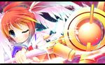  blue_eyes blush electricity hair_ribbon lyrical_nanoha mahou_shoujo_lyrical_nanoha mahou_shoujo_lyrical_nanoha_a's nanamomo_rio one_eye_closed raising_heart red_hair ribbon solo staff takamachi_nanoha twintails wings 