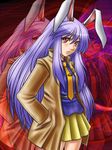  alternate_costume animal_ears bunny_ears coat contemporary five-seven hands_in_pockets long_hair necktie purple_hair red_eyes reisen_udongein_inaba skirt solo touhou very_long_hair yellow_neckwear zoom_layer 