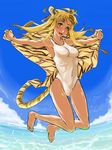  animal_ears animal_print armpits barefoot blonde_hair blush copyright_request feet freckles jumping legs long_hair navel nomiya37564 one-piece_swimsuit smile solo swimsuit tail tiger_ears tiger_print tiger_tail water yellow_eyes 