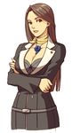  ayasato_chihiro badge bra breasts brown_hair cleavage crossed_arms earrings gyakuten_saiban jewelry kobashi large_breasts lingerie lowres magatama mole mole_under_mouth necklace scarf solo underwear 