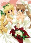  asymmetrical_docking blonde_hair blue_eyes bouquet breast_press breasts brown_hair cleavage covered_nipples dress fate_testarossa flower hasei_agana large_breasts long_hair lyrical_nanoha mahou_shoujo_lyrical_nanoha_strikers multiple_girls ponytail red_eyes side_ponytail sideboob takamachi_nanoha twintails wedding_dress wife_and_wife yuri 