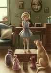  1boy 1girl blonde_hair bow box brown_hair cat child curly_hair dog dress female hair_bow inaho_minato male open_mouth original photo_(object) picture ribbon short_hair stuffed_animal stuffed_toy teddy_bear 