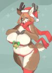  2018 absurd_res anthro antlers bell big_breasts blue_eyes blush breasts brown_fur capreoline cervid christmas cleavage clothed clothing costume countershading female fur hair hat hi_res holidays horn kemono legwear long_hair looking_at_viewer mammal reindeer ribbons santa_costume santa_hat scarf skimpy solo standing stockings tan_fur wanko0487 