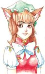  animal_ears bow cat_ears chen colored_pencil earrings hat jewelry lips pencil short_hair smile solo touhou traditional_media twinkle-journey upper_body 