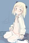  animal_ears bed blonde_hair blush boots elma_leivonen flat_chest green_eyes knee_boots looking_at_viewer no_bra no_panties open_clothes open_shirt pantyhose pantyhose_pull shimada_fumikane shirt sitting sketch solo undressing untied wariza white_legwear world_witches_series younger 