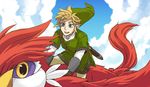  bird blonde_hair blue_eyes cloud day gloves link loftwing otton pointy_ears sky smile the_legend_of_zelda the_legend_of_zelda:_skyward_sword 