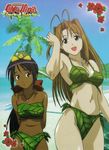  2girls antenna_hair beach bikini breasts brown_hair cloud cross cross_necklace dark_skin happy highres large_breasts leaf_bikini long_hair looking_at_viewer love_hina multiple_girls narusegawa_naru necklace nyamo_namo ocean official_art open_mouth outdoors ponytail sky small_breasts smile standing swimsuit tama_(love_hina) tree turtle very_long_hair 