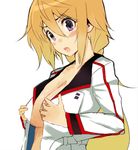 blonde_hair blush blush_stickers breast_hold breasts charlotte_dunois cleavage face infinite_stratos large_breasts long_hair no_bra open_clothes open_mouth purple_eyes shirabi simple_background solo surprised upper_body 