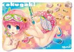  :d bikini bikini_skirt diving_mask finger_to_mouth flip-flops hyuuga_azuri looking_at_viewer open_mouth original pink_hair print_bikini sandals seashell shell single_sandal skirt smile snorkel solo star star_print swimsuit water_gun 