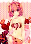  blush bow bracelet cherry food frilled_pillow frills fruit hair_ornament heart jewelry konno_kengo midriff navel necklace orange_eyes orange_hair original pillow short_hair skirt smile solo star striped striped_background striped_legwear thighhighs twintails zettai_ryouiki 