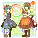  alternate_costume apron arms_behind_back bad_id bad_pixiv_id bag bakery blue_eyes blue_hair bread flower food geta green_hair hair_flower hair_ornament head_scarf highres itomugi-kun kazami_yuuka multiple_girls red_eyes shop sunflower tatara_kogasa touhou 