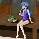  barefoot blue_hair cameltoe covered_navel food hat hat_removed headwear_removed highres hinanawi_tenshi honda_takaharu ice_cream long_hair one-piece_swimsuit popsicle porch red_eyes school_swimsuit sitting solo swimsuit tongue tongue_out touhou veranda 